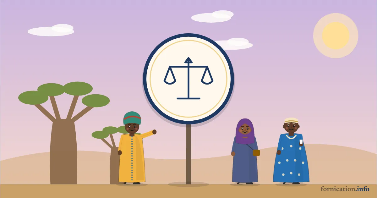 Illustration : un médaillon avec la balance de la justice, devant des baobabs dans la savane, entouré de passants d'aujourd'hui