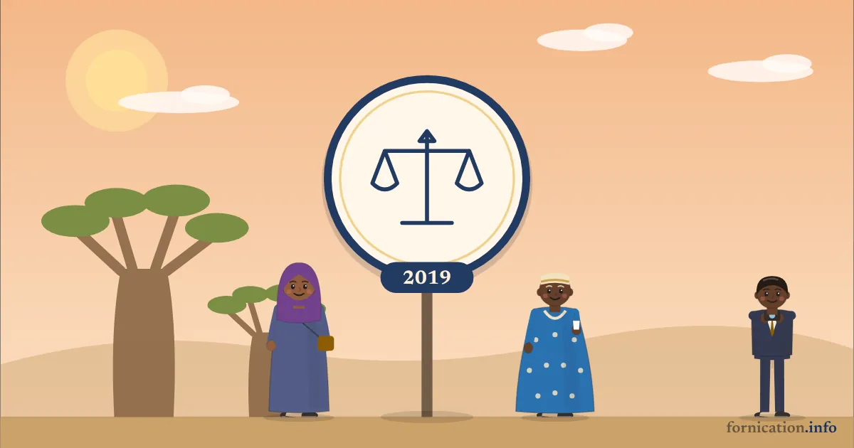Illustration : un médaillon avec la balance de la justice et l'année 2019, devant des baobabs dans la savane, entouré de passants d'aujourd'hui