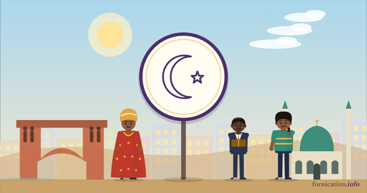 Illustration : un médaillon avec un croissant et une étoile, devant la porte du Non-Retour à Ouidah, entouré de passants d'aujourd'hui