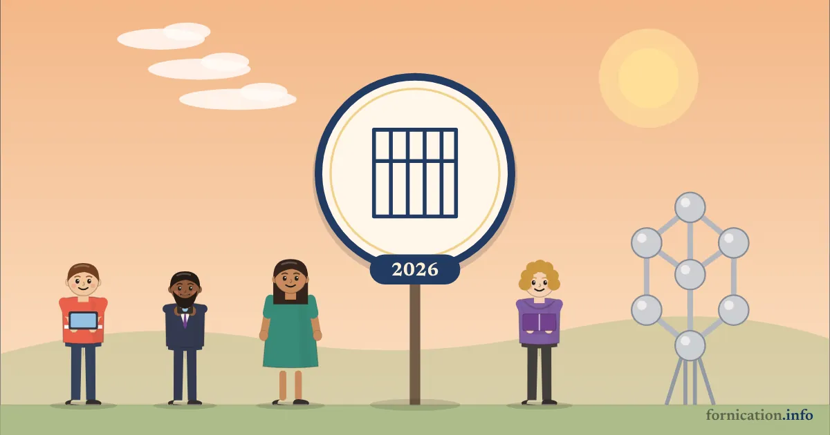 Illustration : un médaillon avec des barreaux de prison et l'année 2026, devant l'Atomium de Bruxelles, entouré de passants d'aujourd'hui