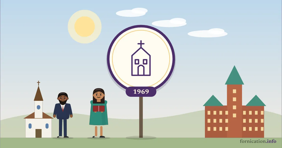 Illustration : un médaillon avec une église et l'année 1969, devant le château Frontenac à Québec, entouré de passants d'aujourd'hui