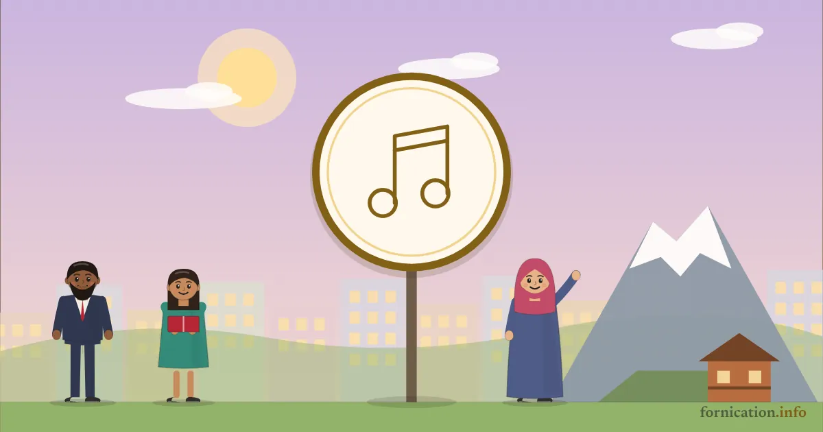 Illustration : un médaillon avec des notes de musique, devant le Cervin, entouré de passants d'aujourd'hui